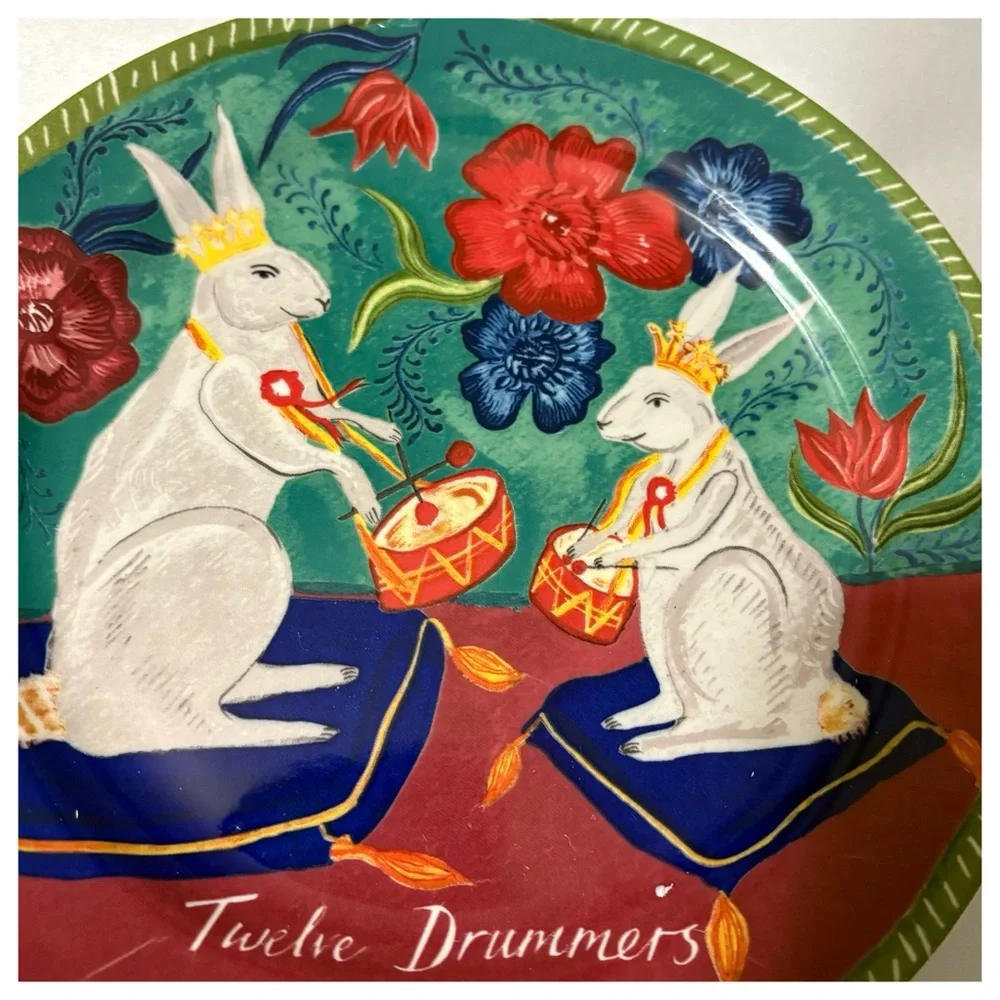 NIB Anthro Emily Maude 12 Days of Christmas 12 Drummers Drumming Dessert Plate